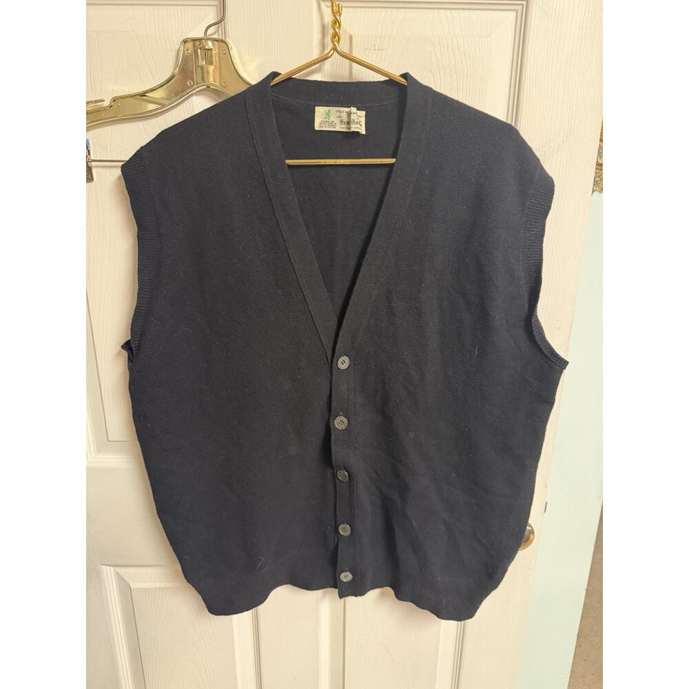 70s SCOTCH HOUSE Vnt SWEATER VEST Black Button Up Pure Wool XL /2XL 50w 27L